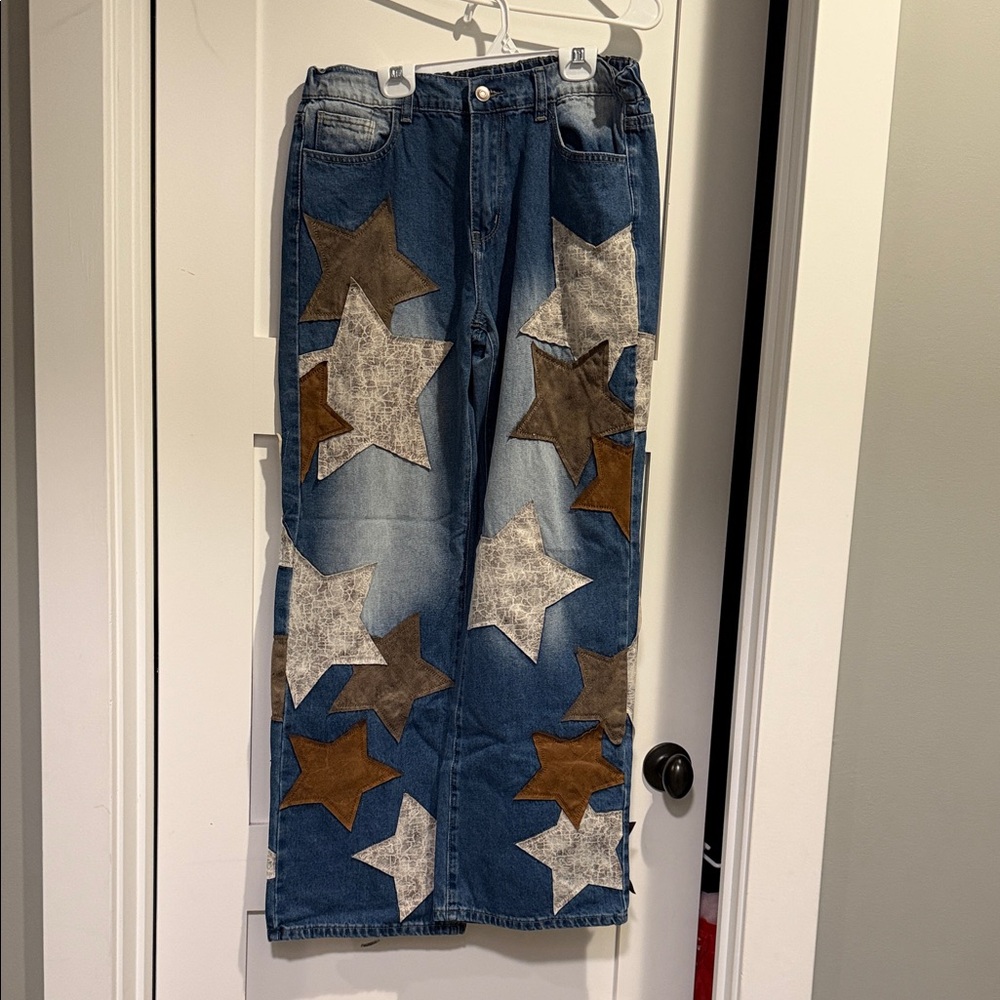 Oli and Hali Star Patch Jeans - Blue with Brown and Gray Accents